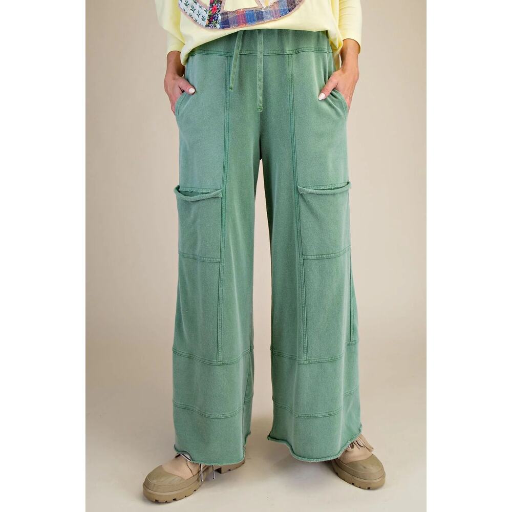 "Elora" French Terry Cargo Wide Leg Pants in Juniper Green - Picture 2 of 4